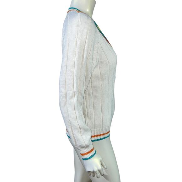 Vintage 90s Room Works Geometric Art Deco V-Neck Cotton Sweater White Multi M - Picture 4 of 9